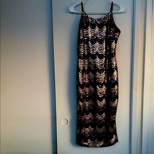 Scallop design, Sequin spaghetti strap midi dress w/ rounded neck & back zipper